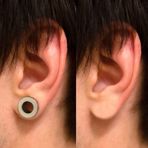 Ear tunnel before and after. Man ear with a tunnel. Close-up. Silver color.